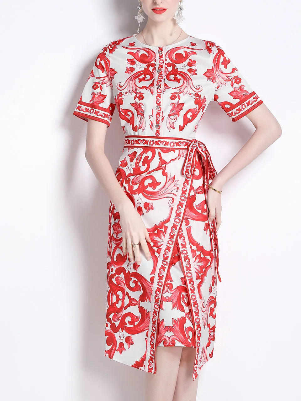 Red Porcelain Print Crew Neck And Irregular Hem Bodycon Summer Dress For Women Girls