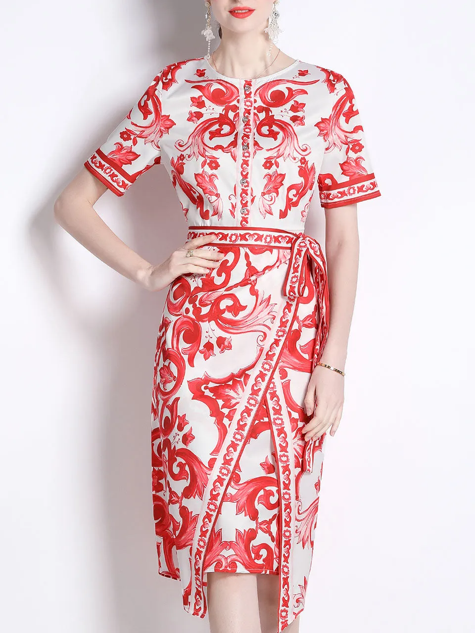 Red Porcelain Print Crew Neck And Irregular Hem Bodycon Summer Dress For Women Girls