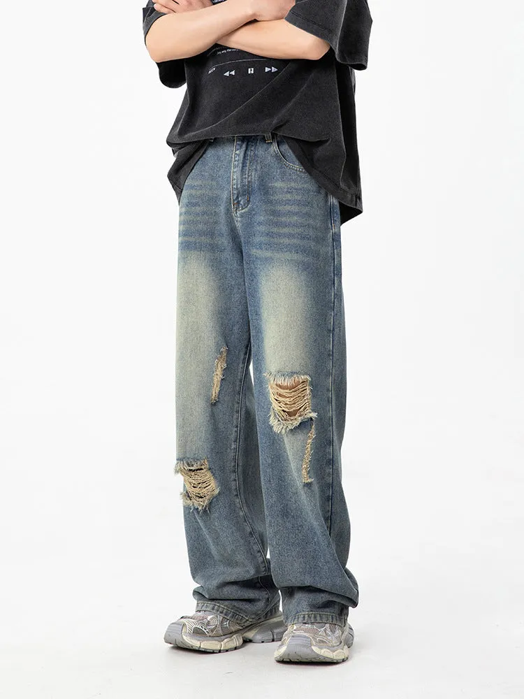 Retro Ripped Casual Straight-Leg Cargo Jeans