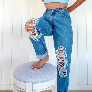 Ripped Jeans Spring And Summer Ripped Thin Ladies Jeans Trousers