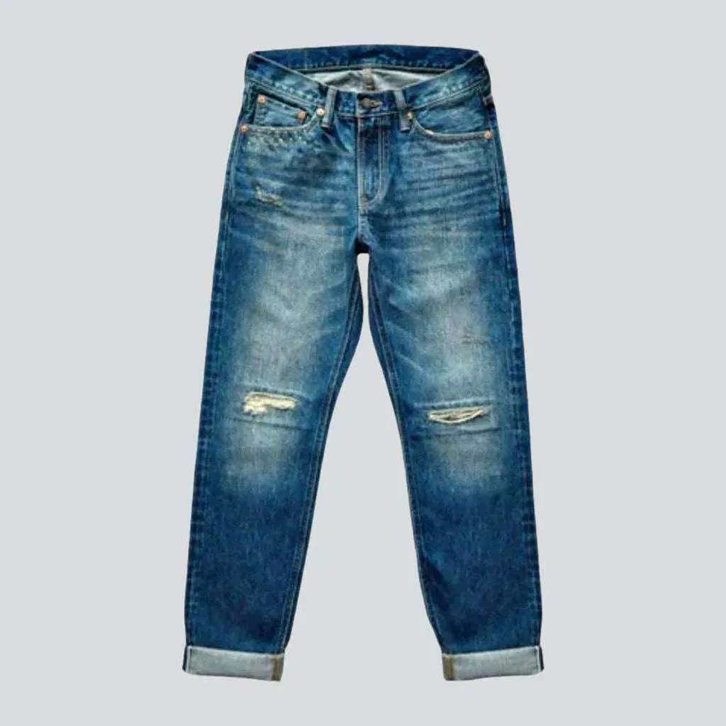 Sanded ripped knees selvedge jeans
 for men