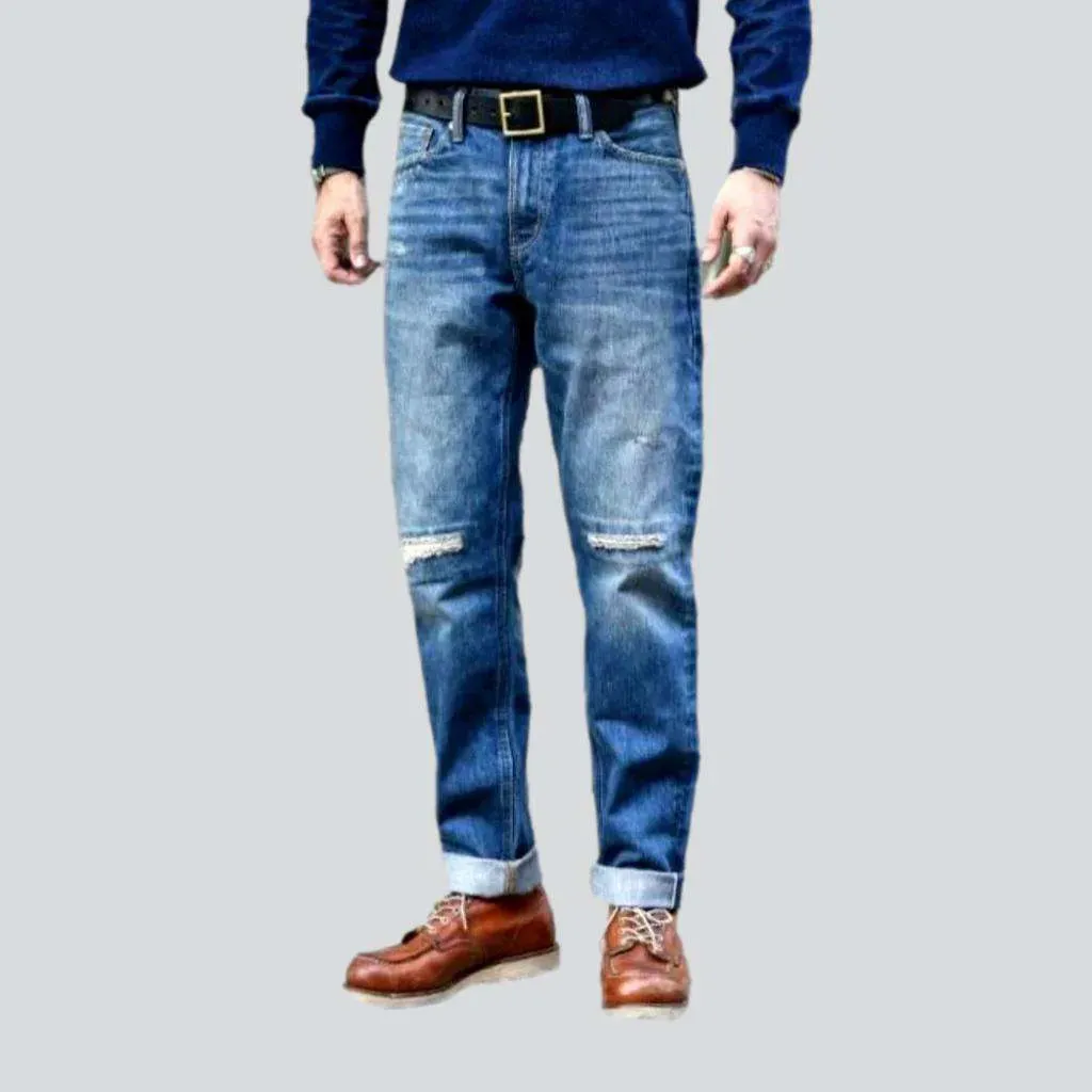 Sanded ripped knees selvedge jeans
 for men