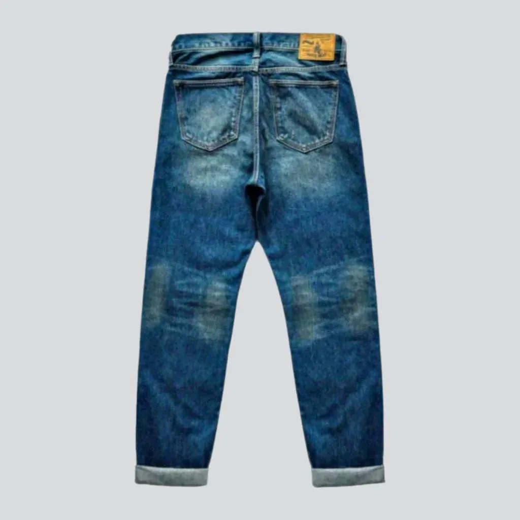 Sanded ripped knees selvedge jeans
 for men