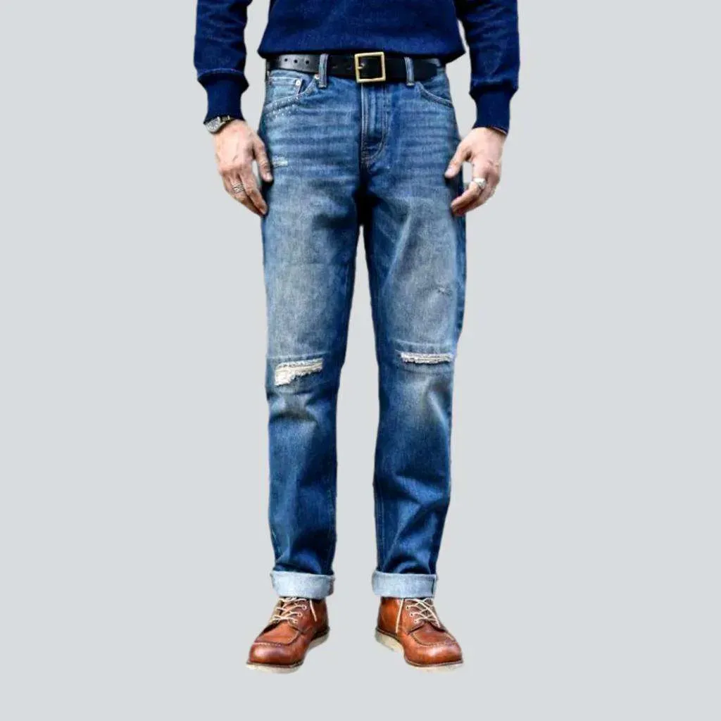 Sanded ripped knees selvedge jeans
 for men