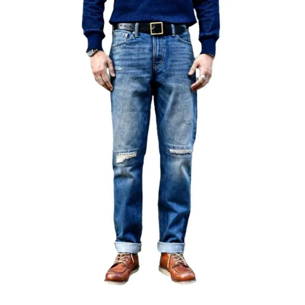 Sanded ripped knees selvedge jeans
 for men