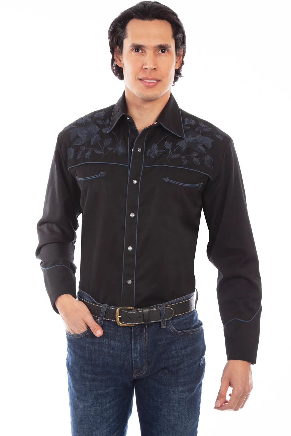 Scully Mens Black Poly/Rayon Red Roses L/S Shirt