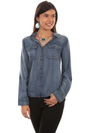 Scully Womens Denim Tencel Hi/Lo L/S Blouse