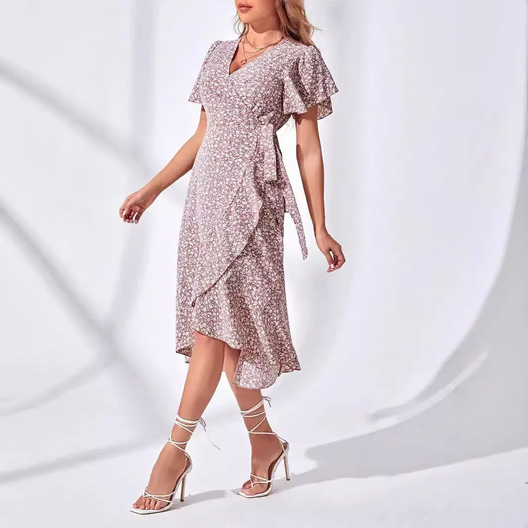 Sexy Cinched Waist Floral Short Sleeve V-Neck Midi Dress