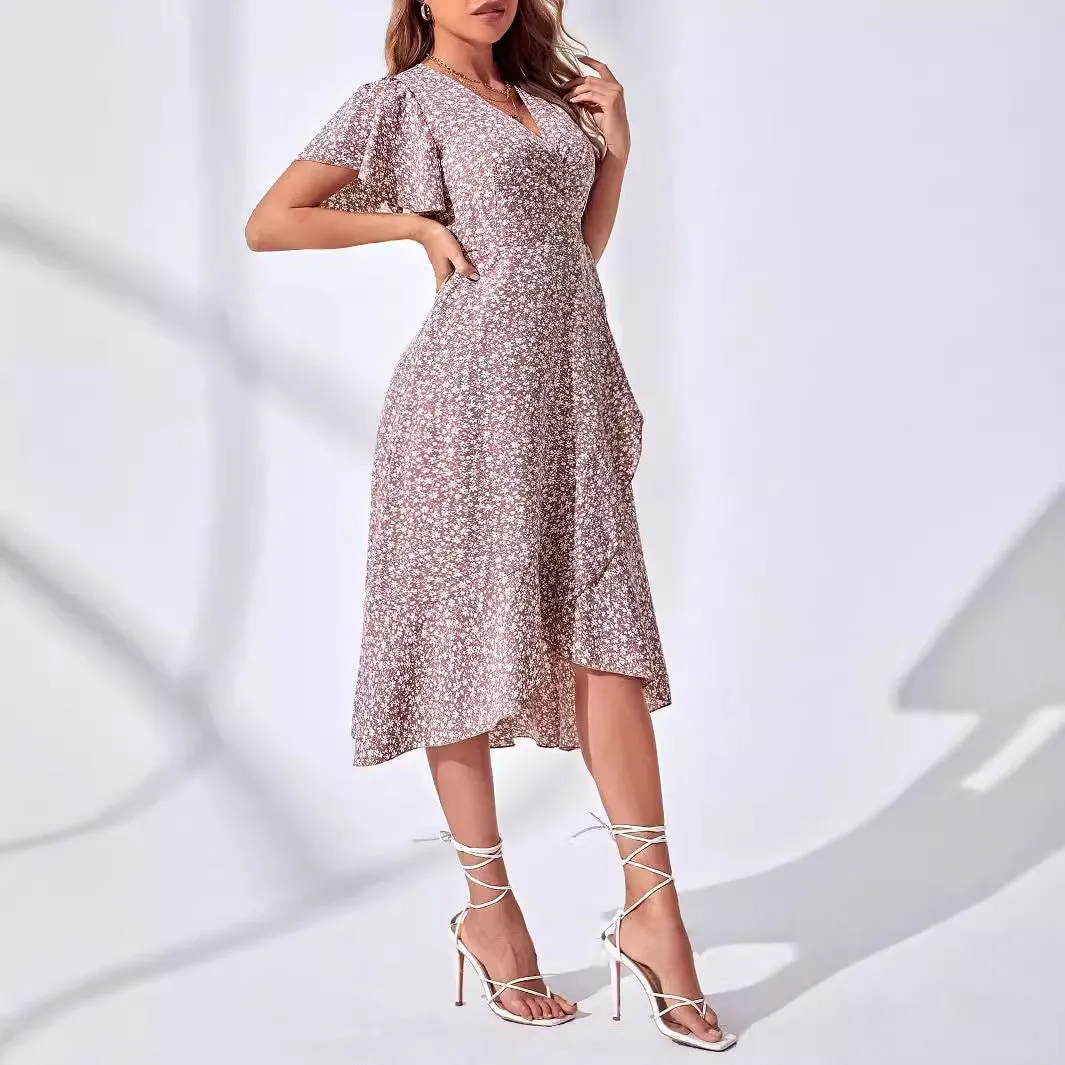 Sexy Cinched Waist Floral Short Sleeve V-Neck Midi Dress