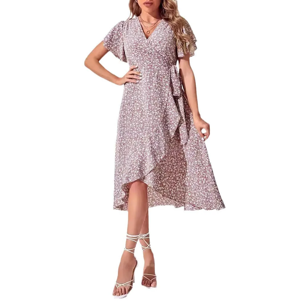 Sexy Cinched Waist Floral Short Sleeve V-Neck Midi Dress