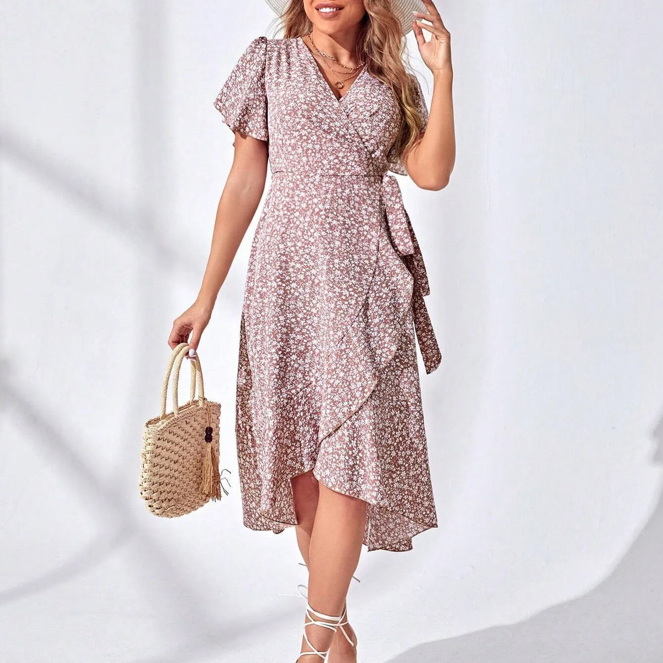 Sexy Cinched Waist Floral Short Sleeve V-Neck Midi Dress