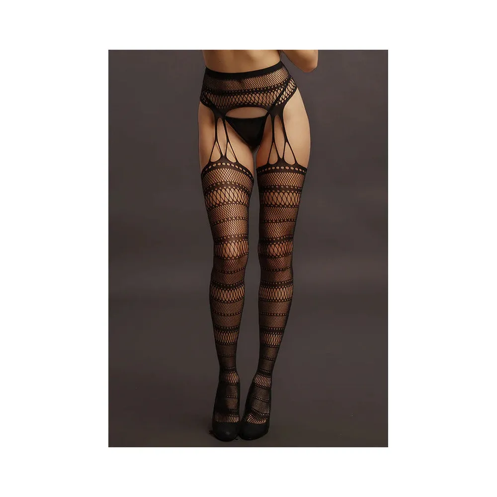 Shots Le Desir Suspender Striped Pantyhose Black O/S