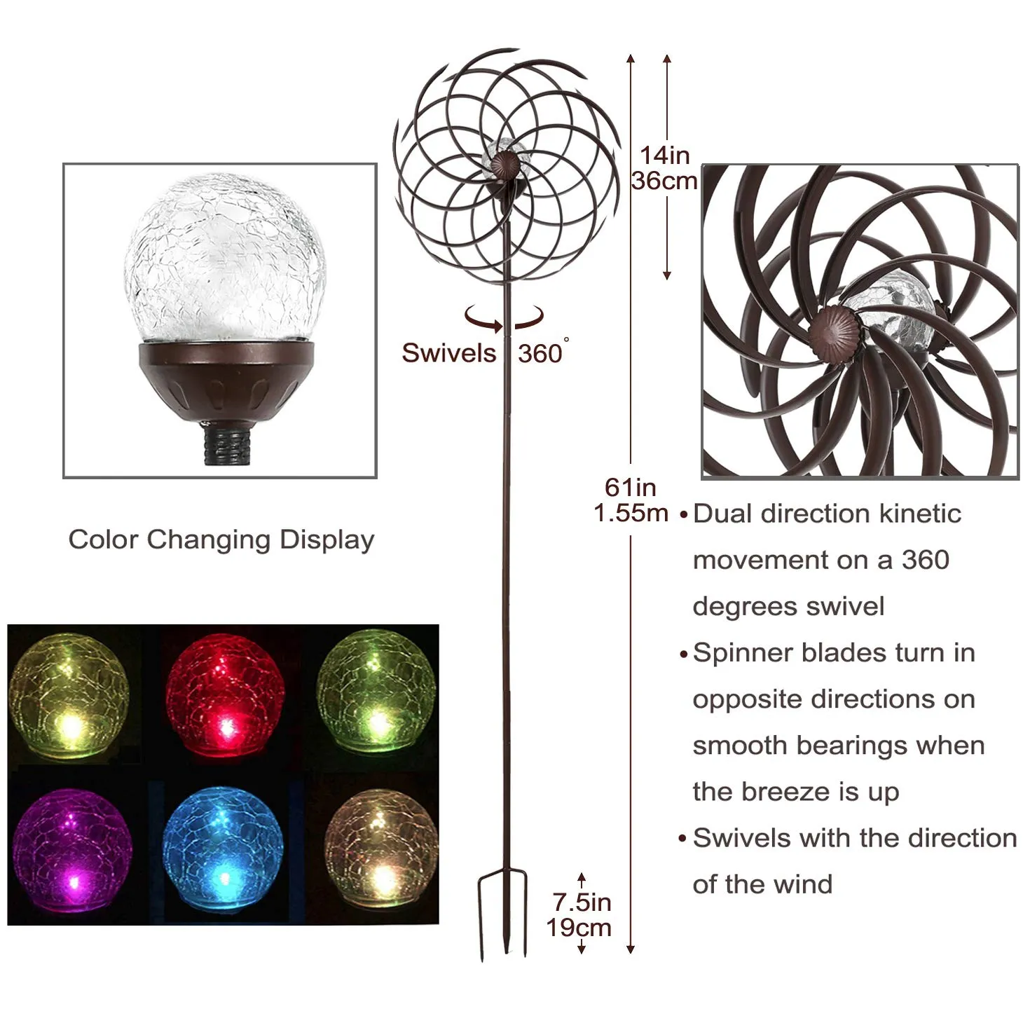 Solar Wind Spinner Willow Leaves-Improved 360 Degrees Swivel Multi-Color LED Lighting