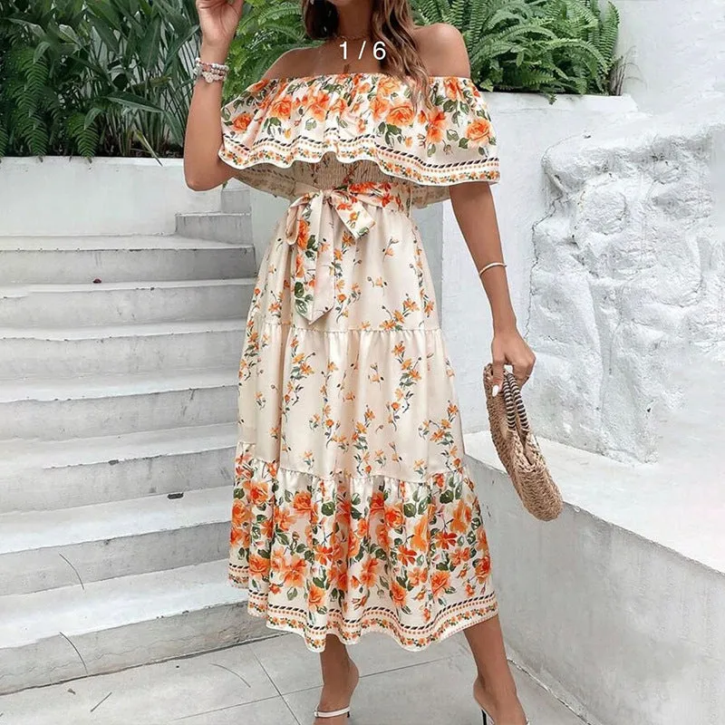 Spring and Summer New One-shoulder Print Long Swing Dress