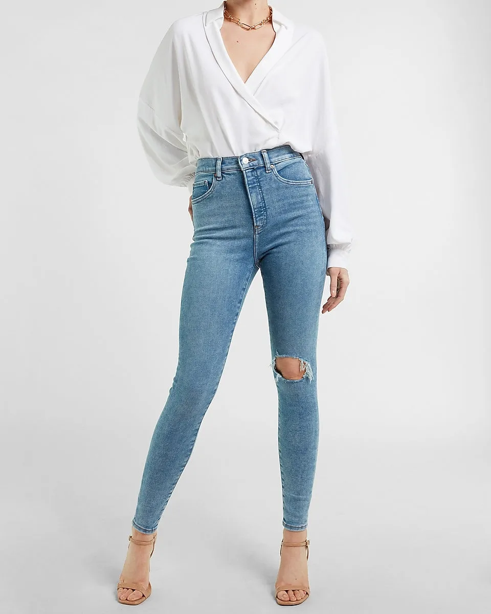 Super High Waisted Ripped Light Wash Skinny Jeans in Light Wash