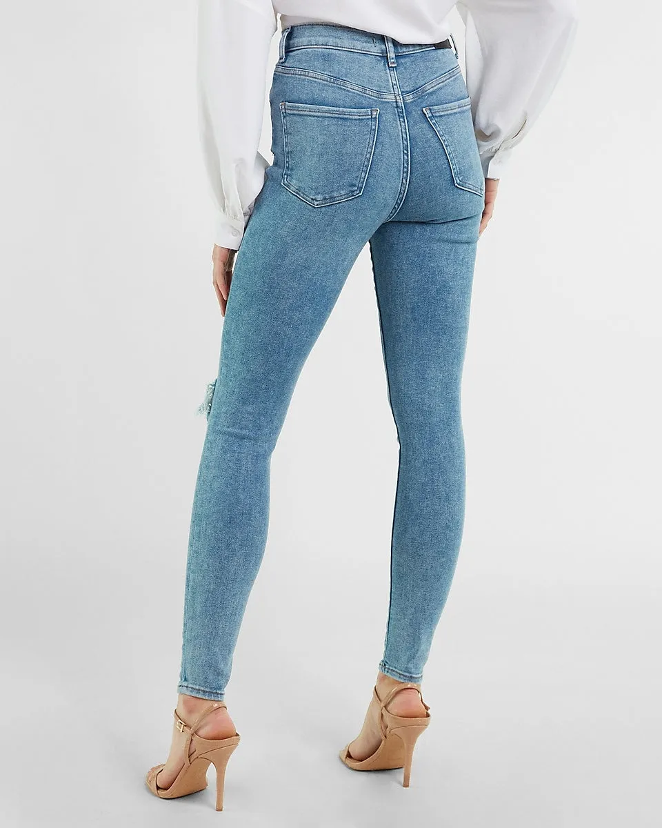 Super High Waisted Ripped Light Wash Skinny Jeans in Light Wash