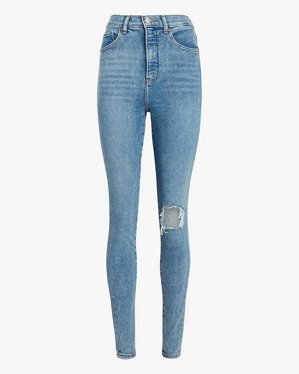 Super High Waisted Ripped Light Wash Skinny Jeans in Light Wash