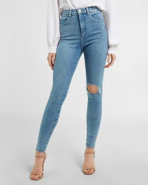 Super High Waisted Ripped Light Wash Skinny Jeans in Light Wash