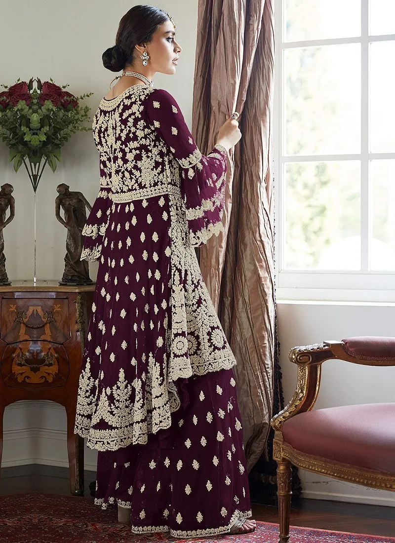 Trendy Bell Sleeved Embroidered Sharara in Wine Berry