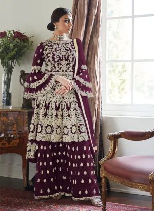 Trendy Bell Sleeved Embroidered Sharara in Wine Berry