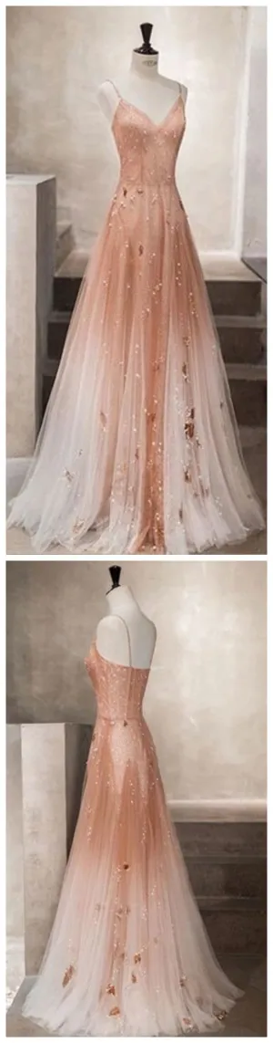 Unique champagne tulle long tulle Evening Dresses