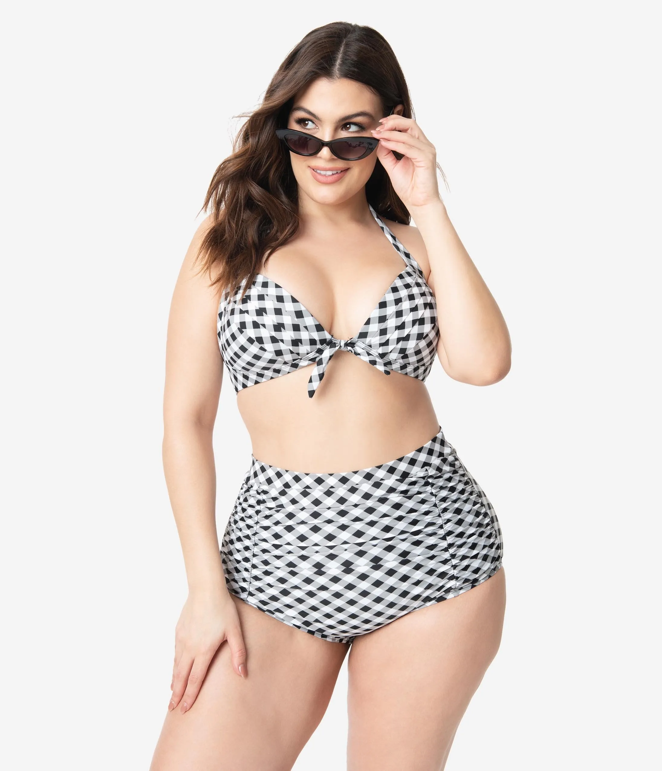 Unique Vintage Plus Size Black & White Gingham Monroe High Waist Swim Bottom