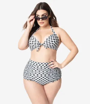 Unique Vintage Plus Size Black & White Gingham Monroe High Waist Swim Bottom