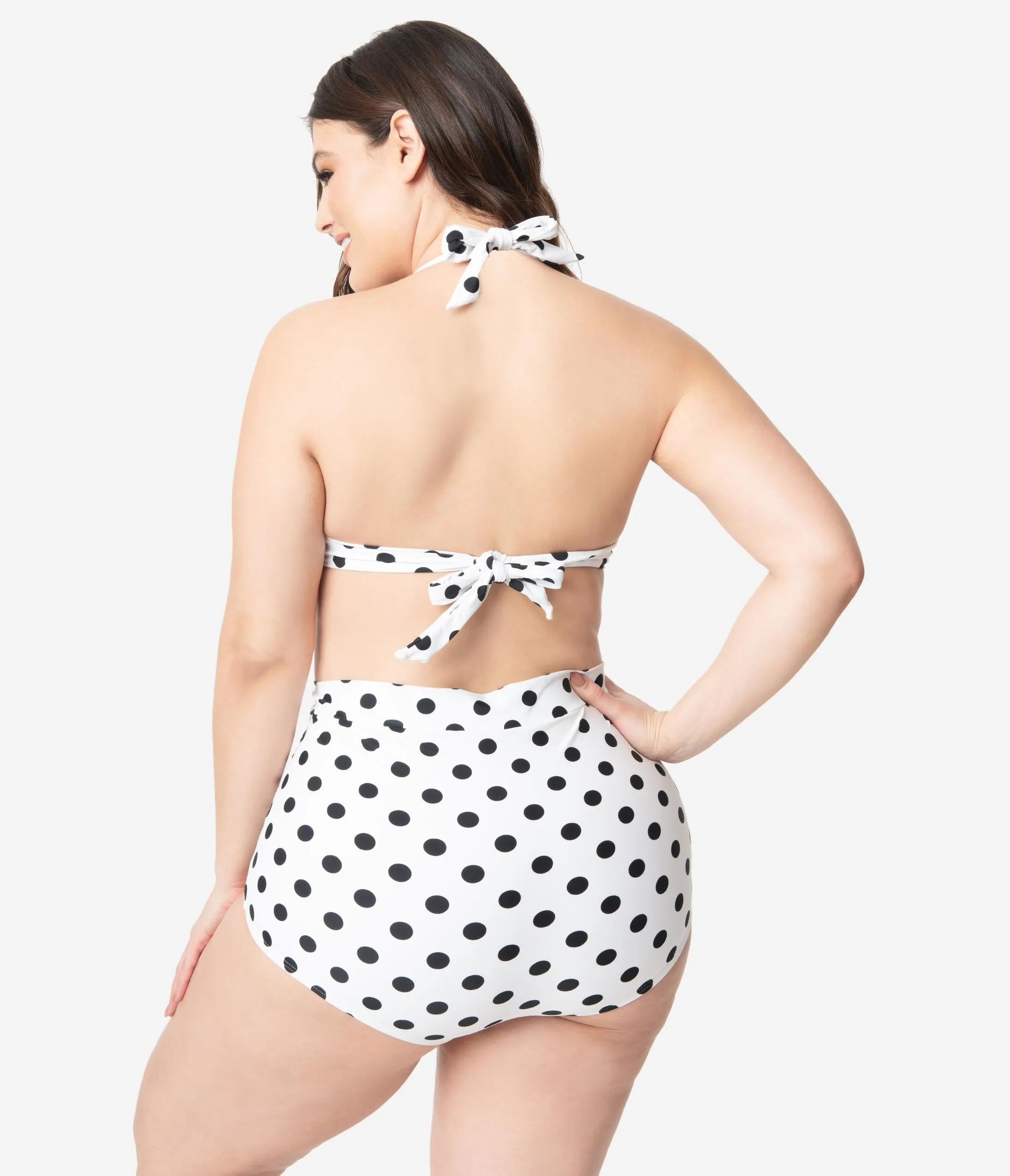 Unique Vintage Plus Size White & Black Dotted Monroe High Waist Swim Bottom