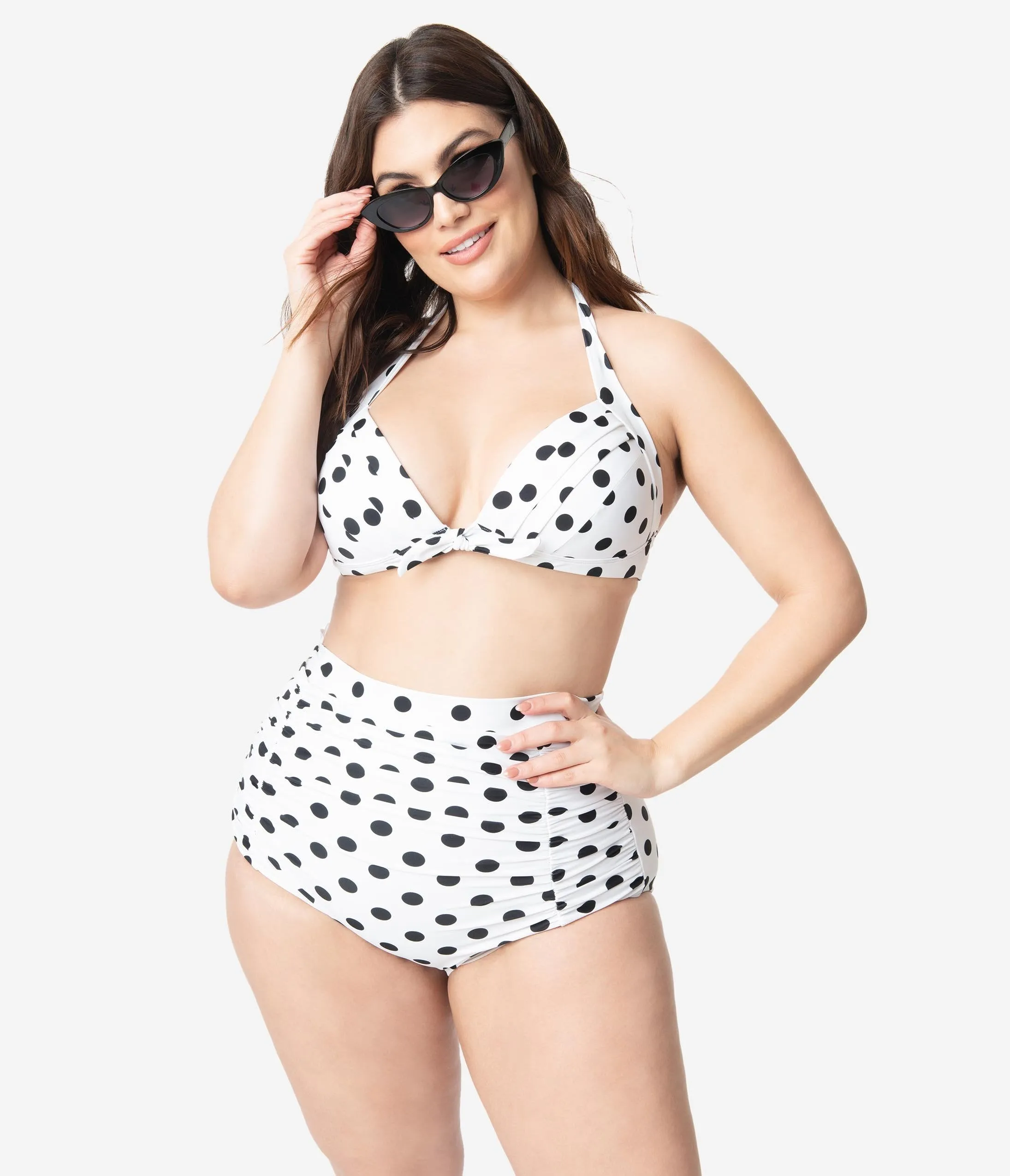 Unique Vintage Plus Size White & Black Dotted Monroe High Waist Swim Bottom