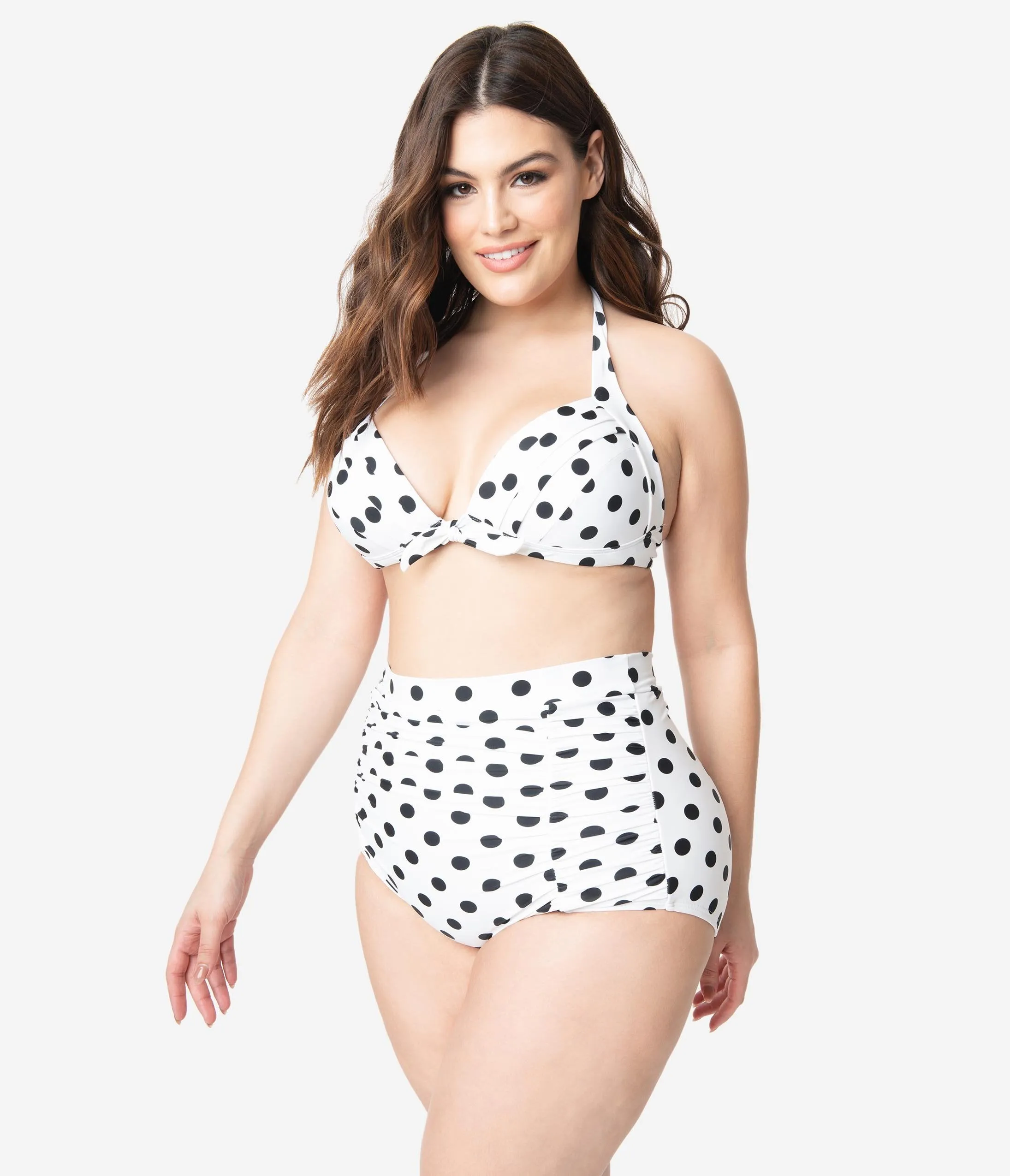 Unique Vintage Plus Size White & Black Dotted Monroe High Waist Swim Bottom