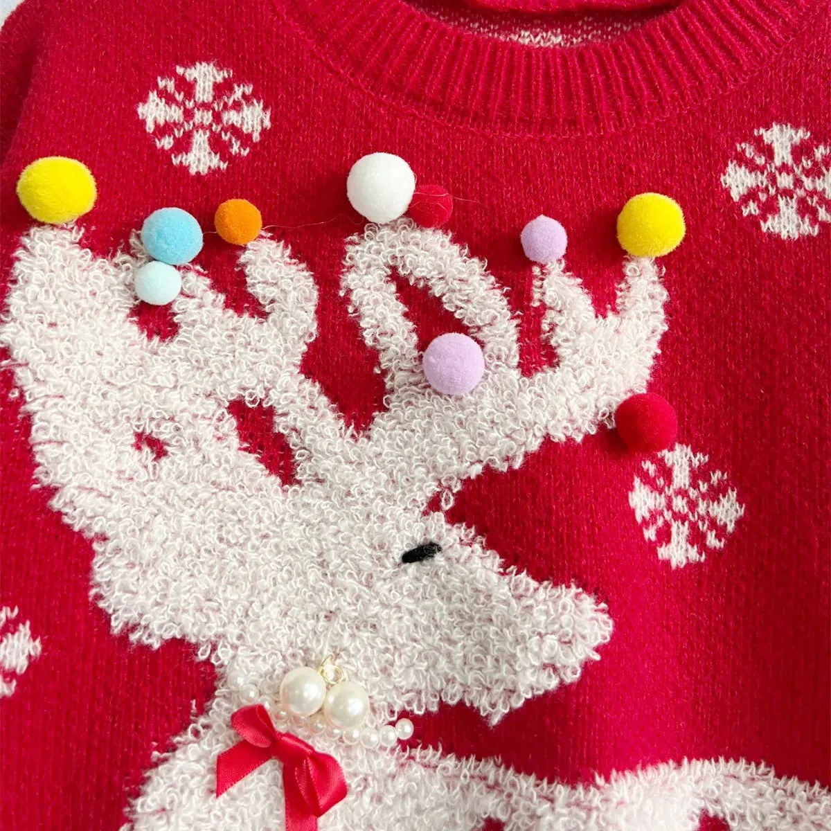 Wenkouban-Christmas Thanksgiving outfits_Handmade Pearl Ball Decoration Jacquard Christmas Red Christmas Sweater