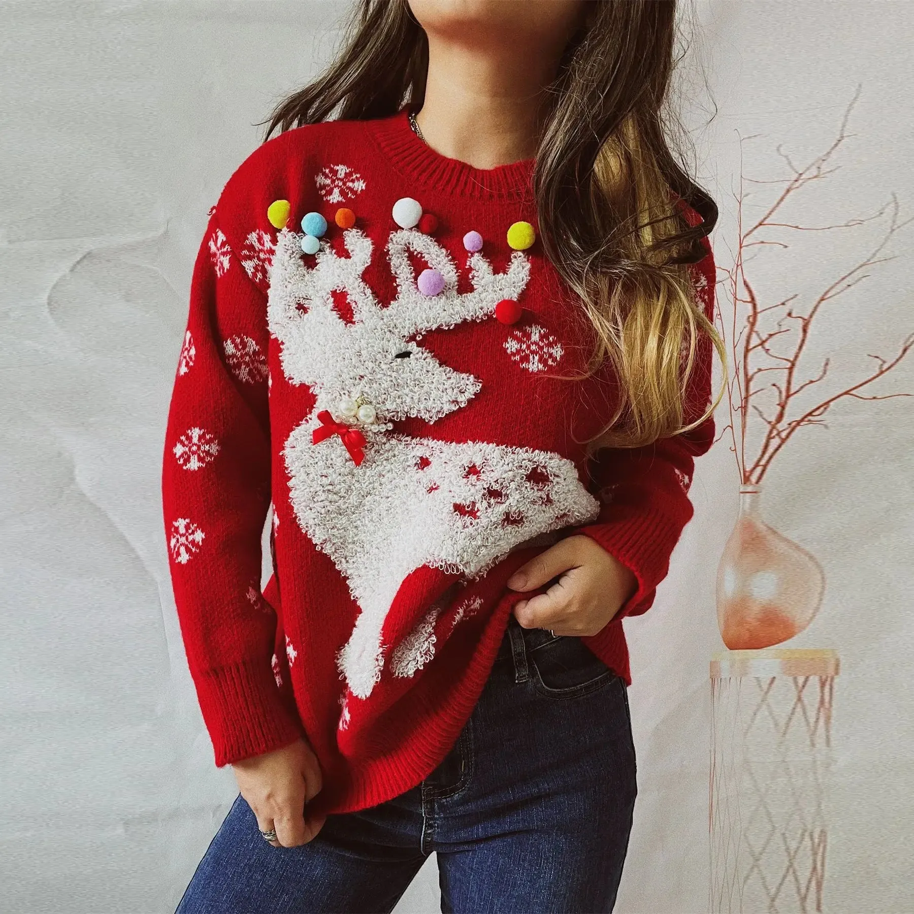 Wenkouban-Christmas Thanksgiving outfits_Handmade Pearl Ball Decoration Jacquard Christmas Red Christmas Sweater