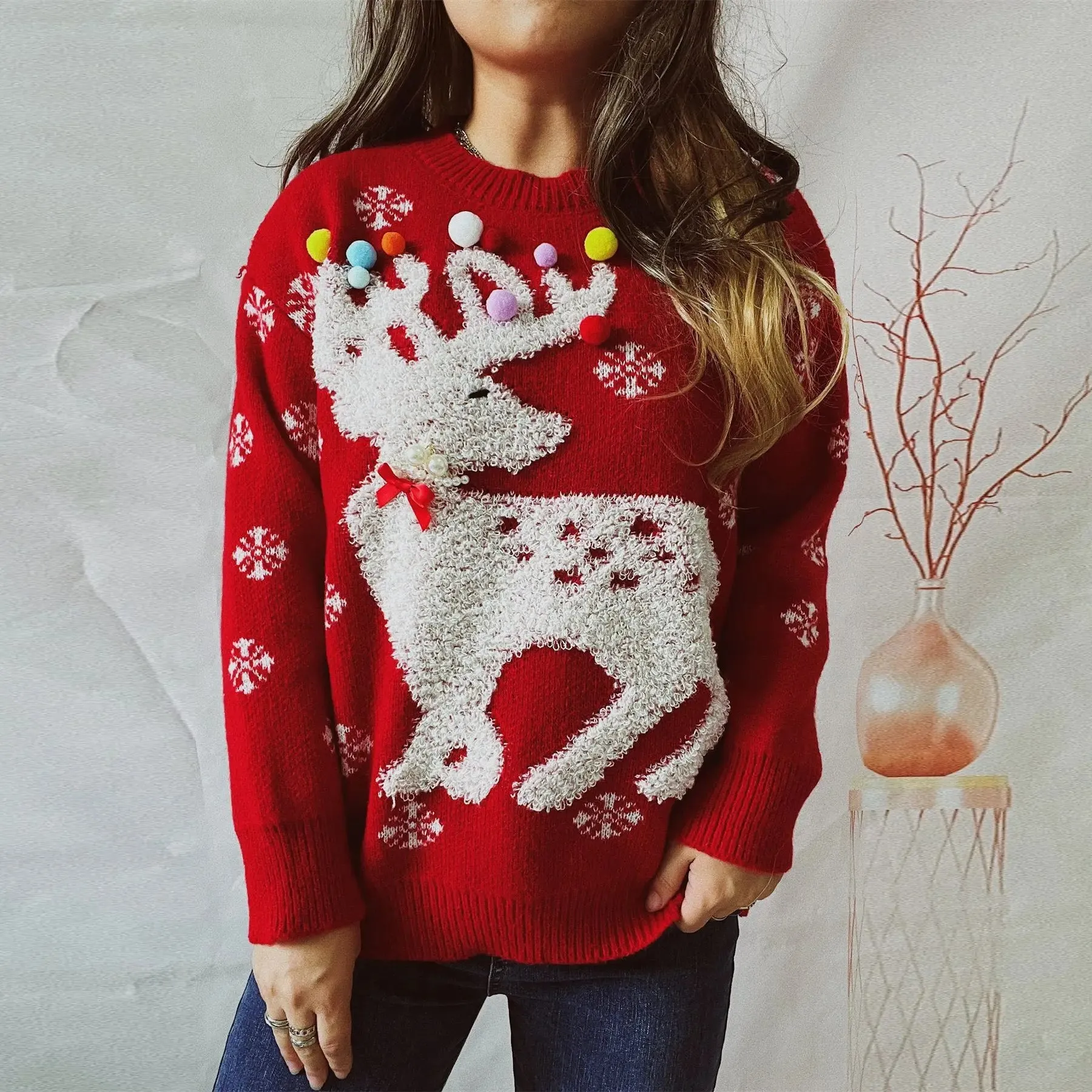 Wenkouban-Christmas Thanksgiving outfits_Handmade Pearl Ball Decoration Jacquard Christmas Red Christmas Sweater