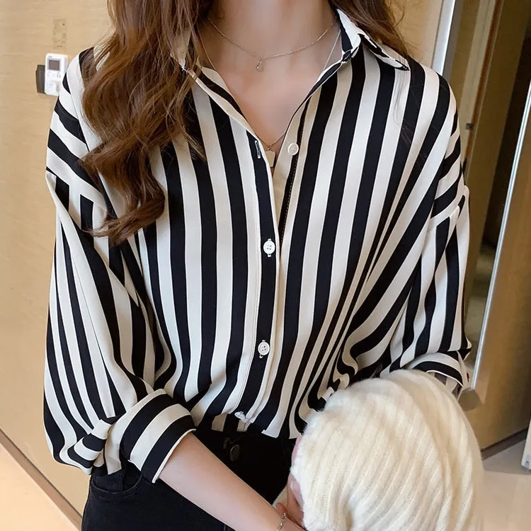 Wenkouban Spring Summer Korean Design Loose Striped Shirt Women's Thin Retro Long Sleeve Chiffon Blouse Button Cardigan Clothes Women