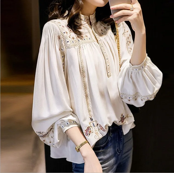 Wenkouban Vintage Print White Blouse Women 2022 Spring Autumn Elegant Long Puff Sleeve Casual Shirts Female Korean Style Sweet Lady Tops