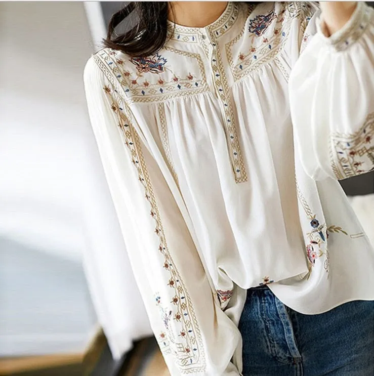 Wenkouban Vintage Print White Blouse Women 2022 Spring Autumn Elegant Long Puff Sleeve Casual Shirts Female Korean Style Sweet Lady Tops