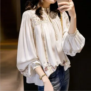 Wenkouban Vintage Print White Blouse Women 2022 Spring Autumn Elegant Long Puff Sleeve Casual Shirts Female Korean Style Sweet Lady Tops