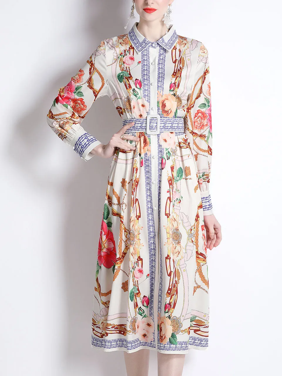 White Romantic Flower Print Long Sleeve With Belt Holiday Maxi Dress