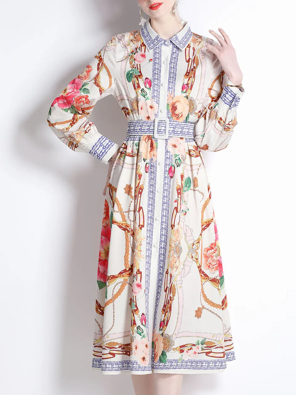 White Romantic Flower Print Long Sleeve With Belt Holiday Maxi Dress