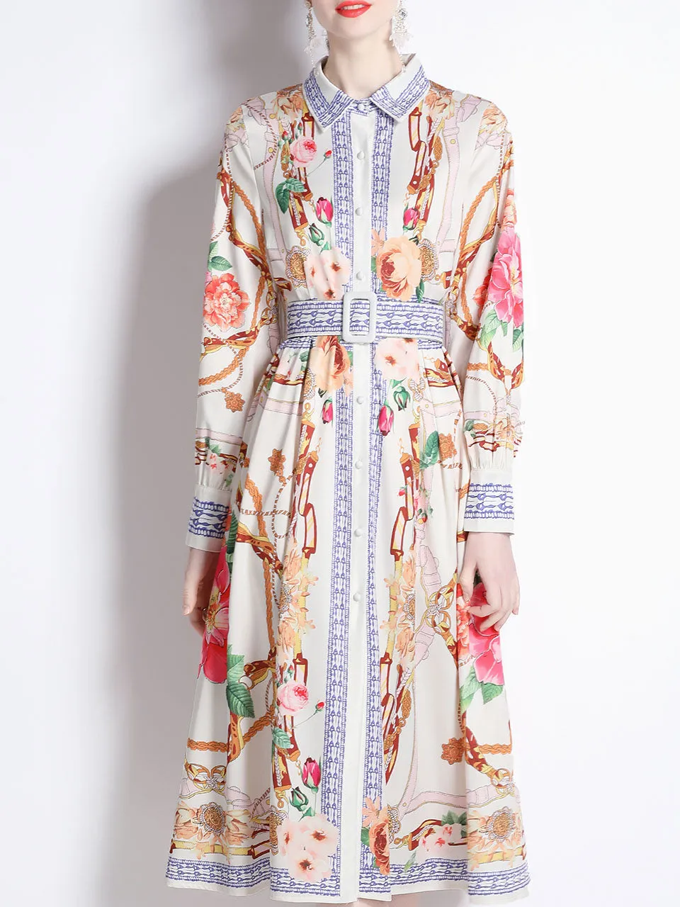 White Romantic Flower Print Long Sleeve With Belt Holiday Maxi Dress