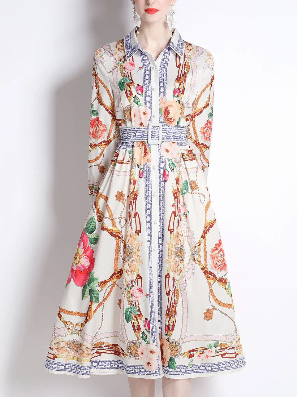 White Romantic Flower Print Long Sleeve With Belt Holiday Maxi Dress