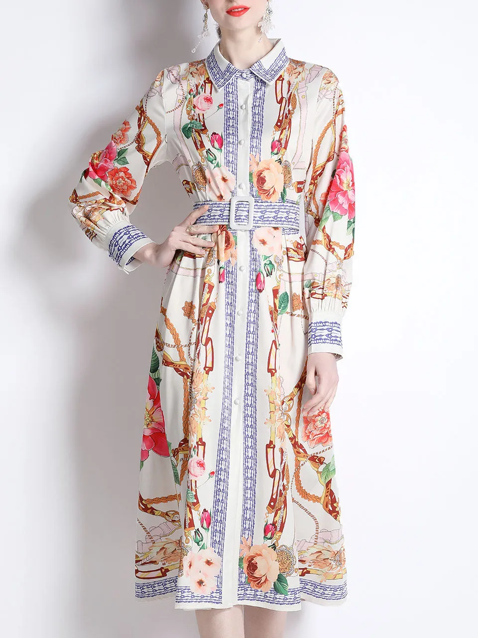 White Romantic Flower Print Long Sleeve With Belt Holiday Maxi Dress