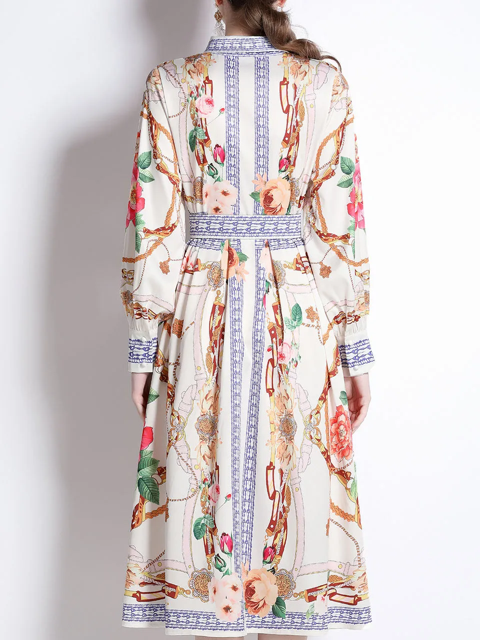 White Romantic Flower Print Long Sleeve With Belt Holiday Maxi Dress