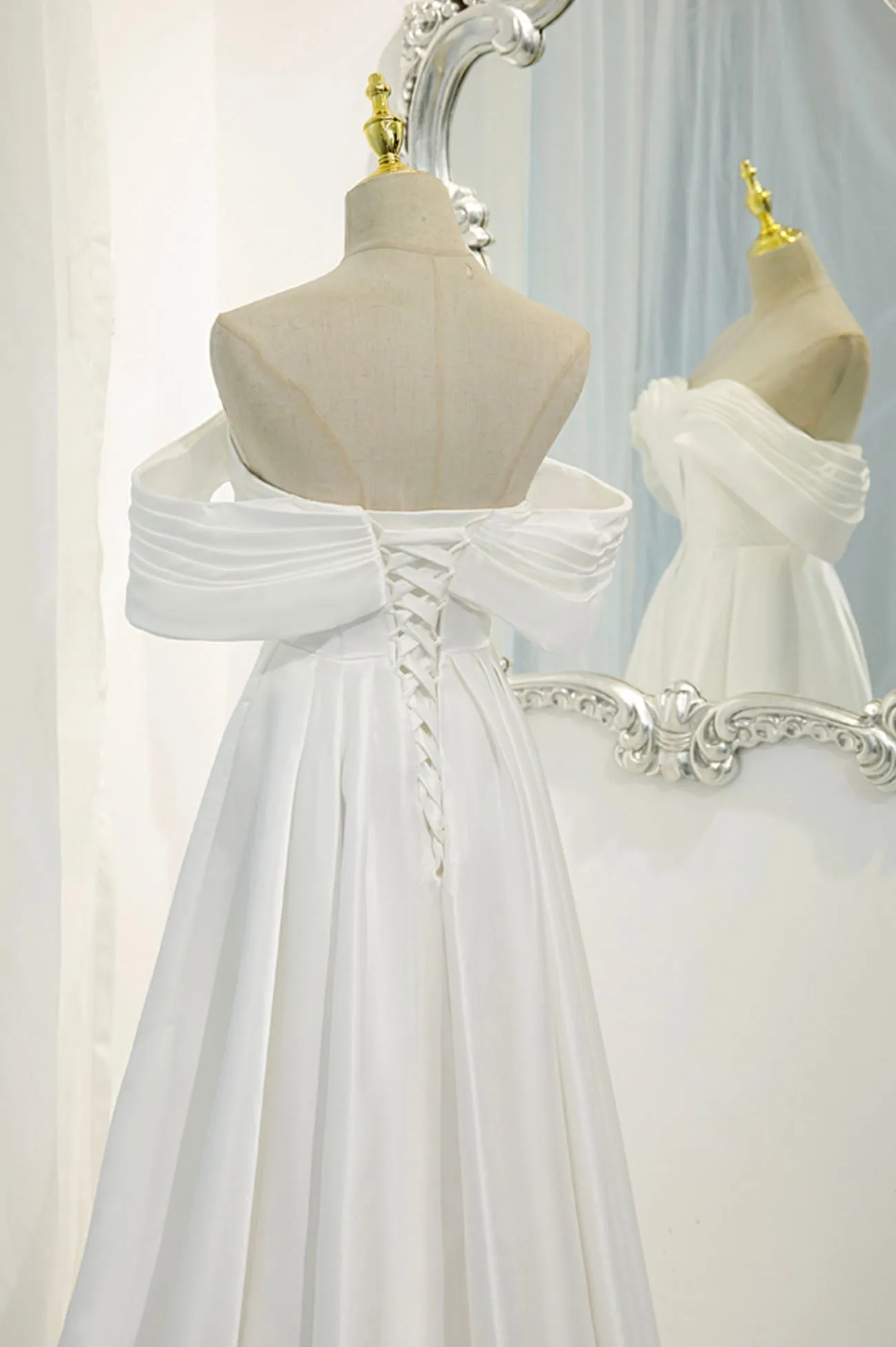 White Satin Long Prom Dress Off the Shoulder Evening Dress