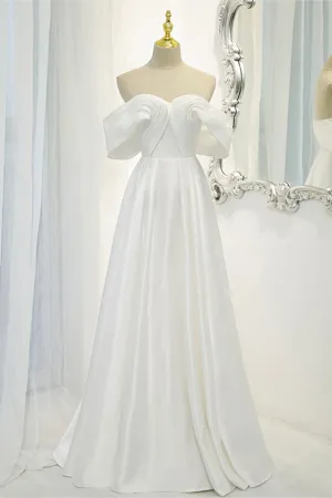 White Satin Long Prom Dress Off the Shoulder Evening Dress