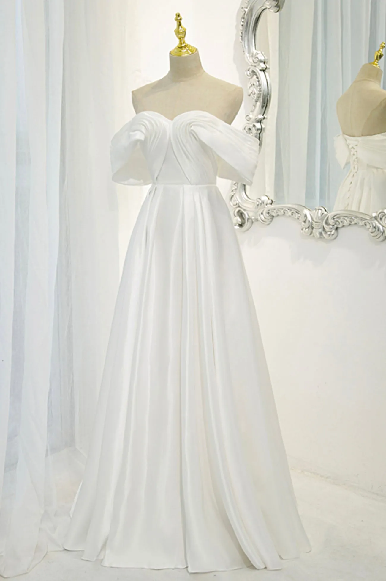 White Satin Long Prom Dress Off the Shoulder Evening Dress