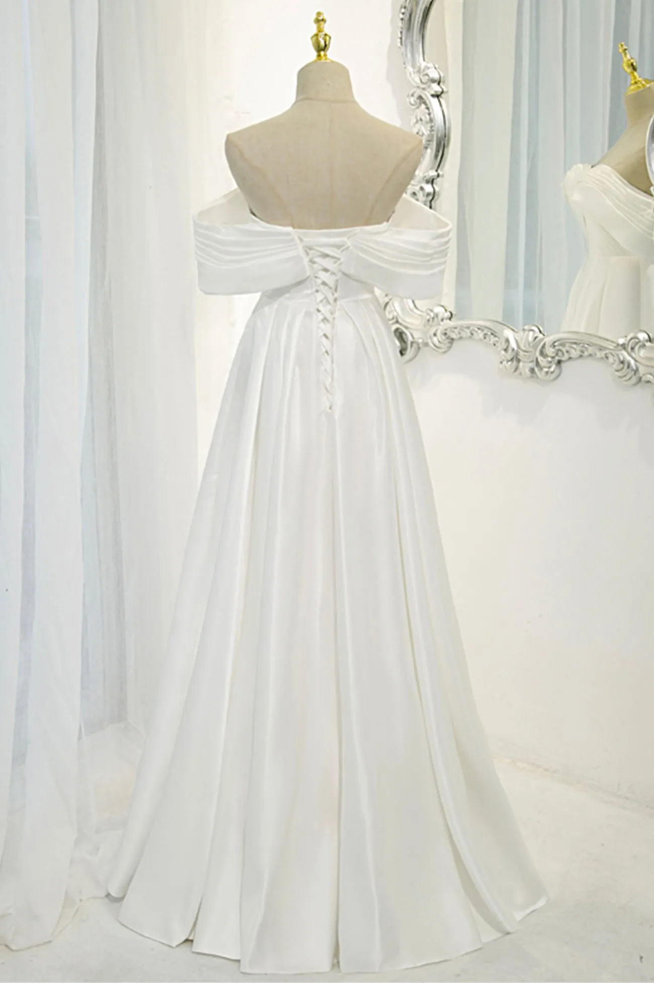 White Satin Long Prom Dress Off the Shoulder Evening Dress