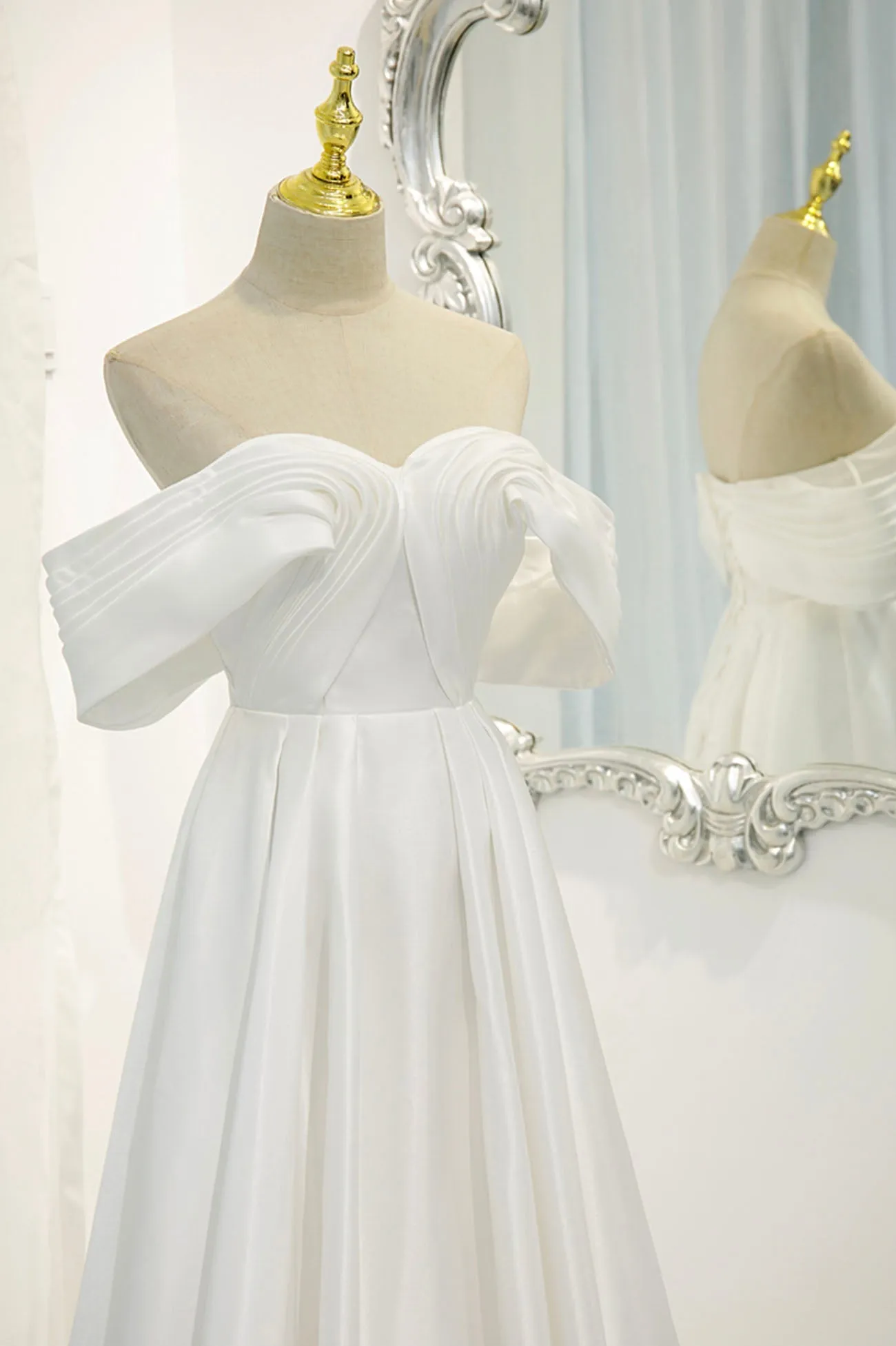 White Satin Long Prom Dress Off the Shoulder Evening Dress