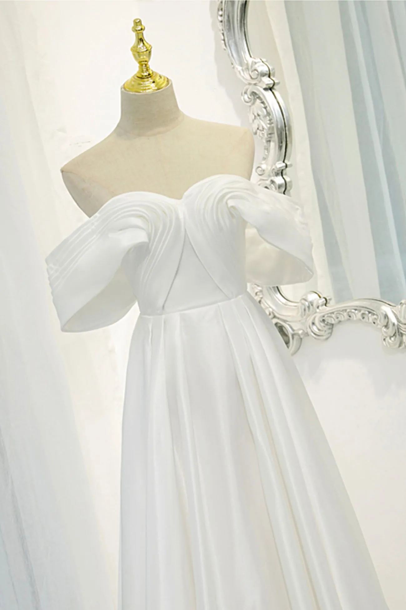 White Satin Long Prom Dress Off the Shoulder Evening Dress