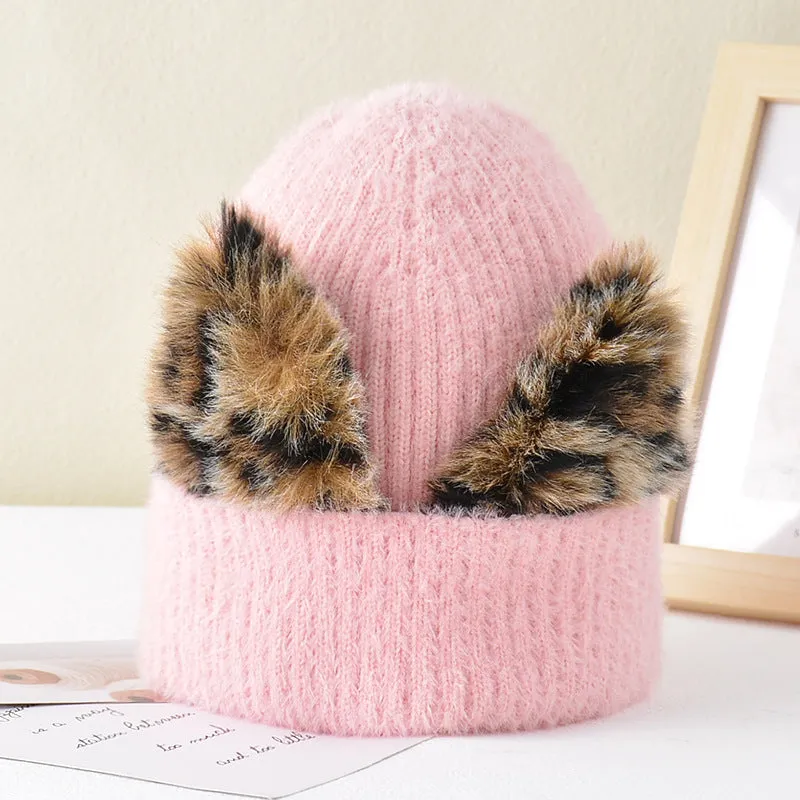 Women's autumn and winter wool cap leopard print cat ears hat elastic knitted ski cap